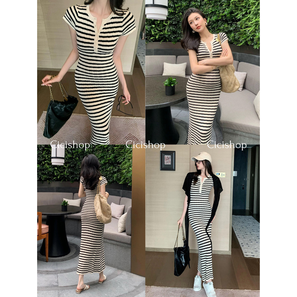 Cicishop(B8861) เดรสแขนสั้นคอกลมลายทางผ้ายืดถัก กระดุมใช้งานได้จริง เข้ารูป ลายถักเป็นเอกลักษณ์ เรียบหรูดูแพง