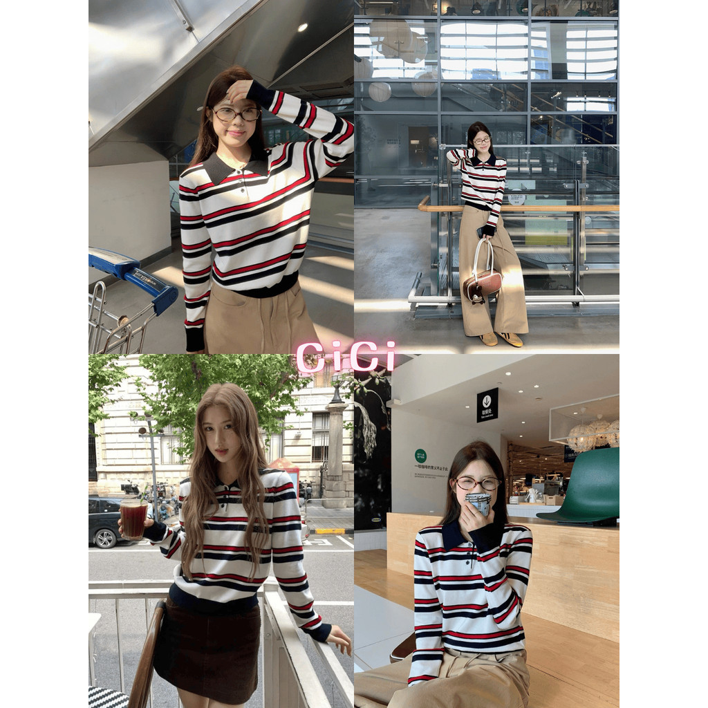 ส่งทันที(NO. A2806-3) เสื้อไหมพรมคอปกโปโลแขนยาวลายทางมีจั้มปลายเสื้อกระดุมใช้งานได้จริงใส่สบายสไตล์ฝรั่งเศสสำหรับผู้หญิง