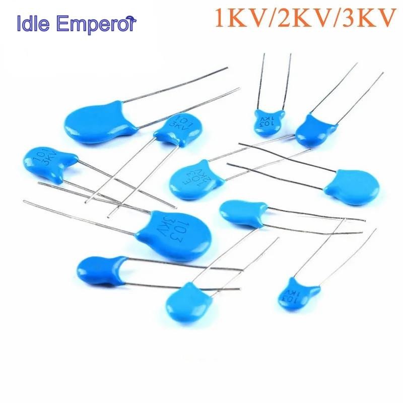 ตัวเก็บประจุพอร์ซเลนแรงดันสูง 1KV 2KV 3KV 101 102 103 221 222 223 471 472K 220PF In-Line Capacitor B