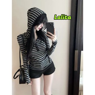 ส่งไวจากไทย 2สี เสื้อยืดลําลอง แขนยาว ลายทาง สไตล์วินเทจ สํา…