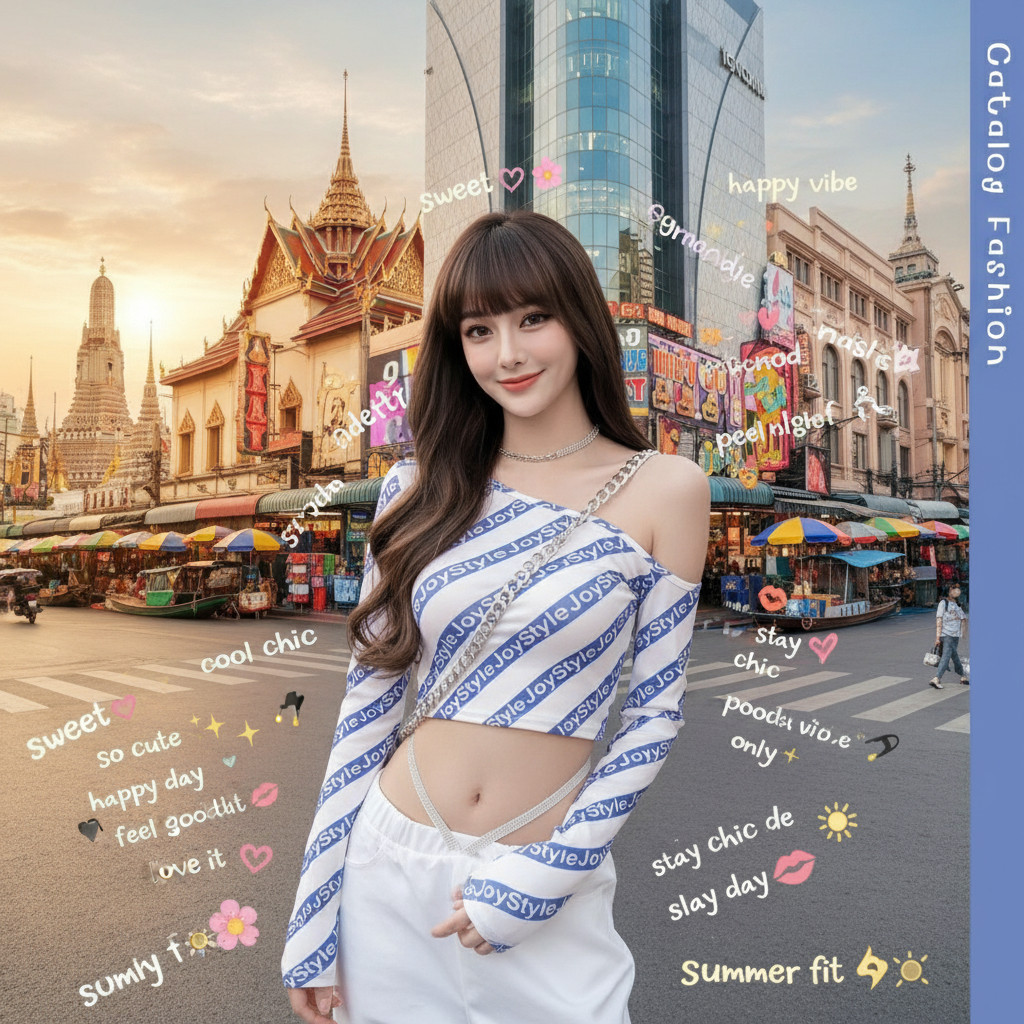 ꕥCatalog Fashionꕥ เสื้อแฟชั่นแขนยาวคอเฉียงปาดไหล่ ลายทางน้ำเงิน JoyStyle