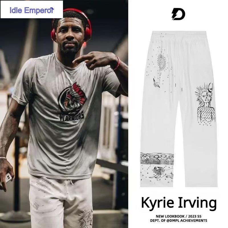 ใหม่ กางเกงกีฬา กางเกงบาสเก็ตบอล ขากว้าง ผ้าฝ้าย พิมพ์ลายหมึก Kyrie Irving ทรงหลวม สีดํา สีขาว สไตล์