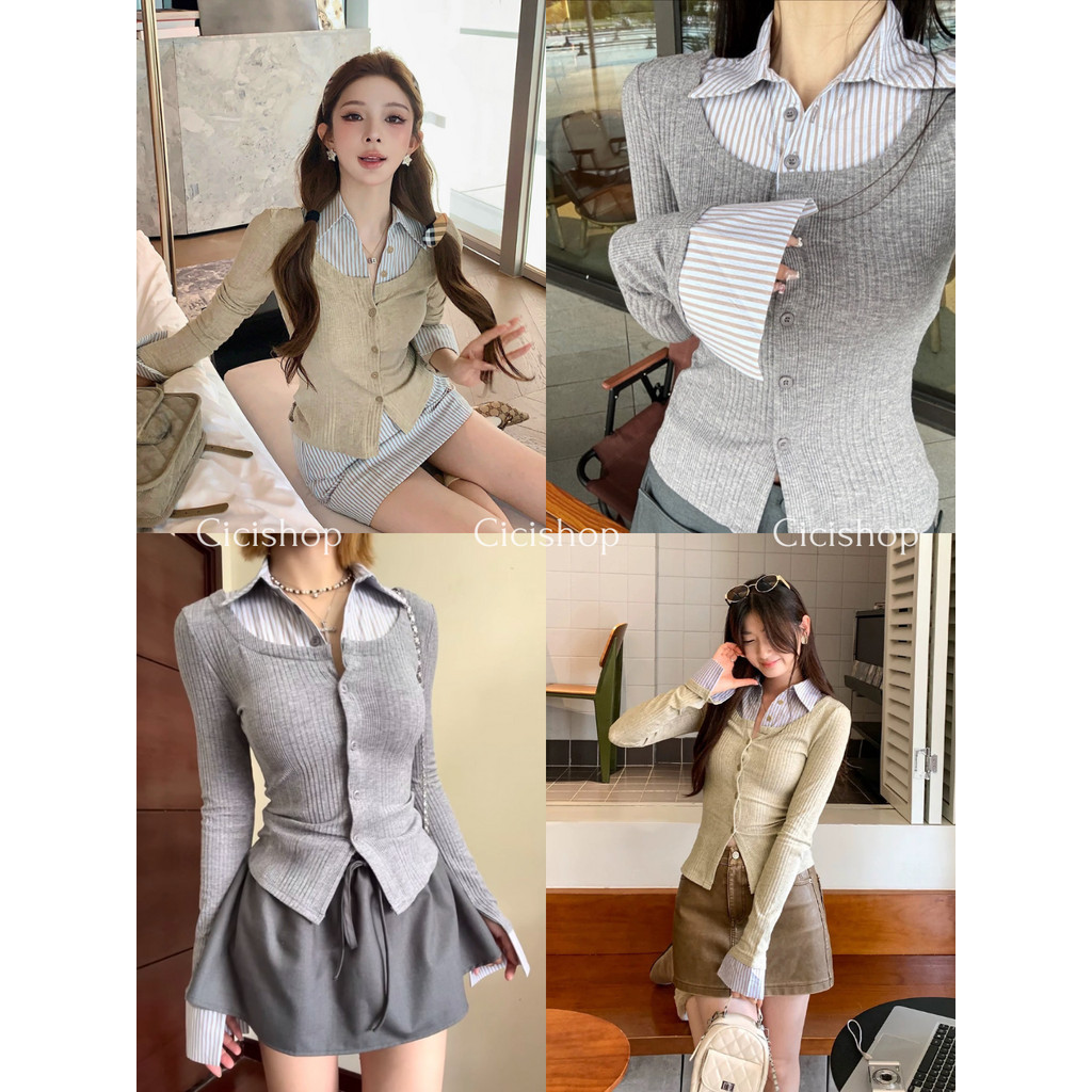 Cicishop(J2297)  เสื้อแขนยาวผ้าลายริ้ว แต่งคอปกโปโลลายทาง ผ้าใส่สบายไม่ร้อน ทรงสลิมฟิตสีสุภาพสไตล์ฝรั่งเศส