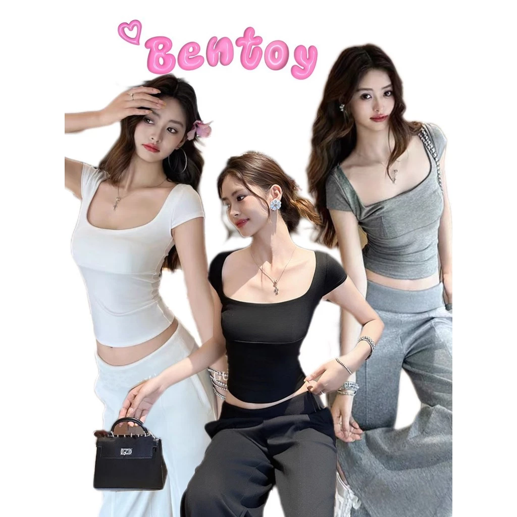 Bentoy(1003) เสื้อคอกลมครอปแขนสั้น ผ้าร่อง เรียบๆ สีพื้นรัดรูป เสื้อยืดผู้หญิง ผ้านุ่มใส่สบาย