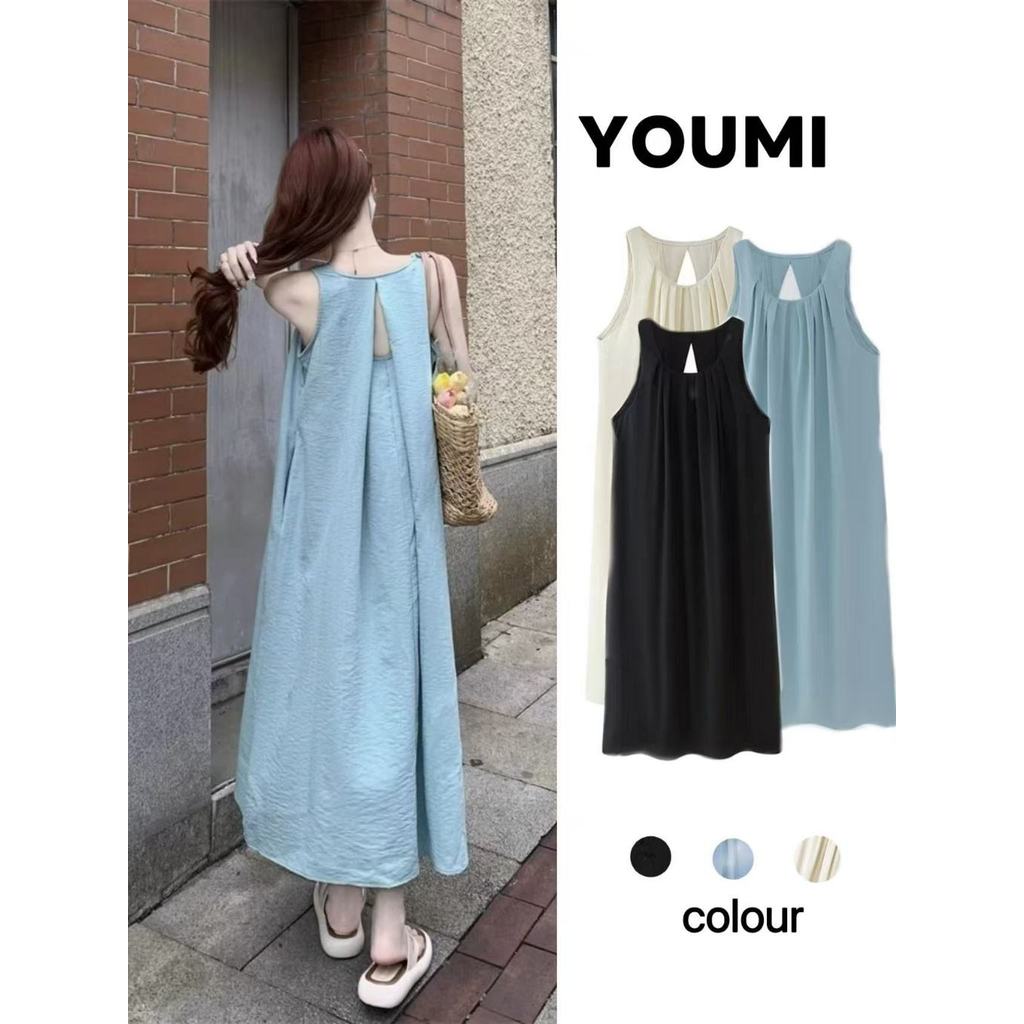 ชุดเดรสยาว เดรสคอกลม เดรสแขนกุด ชุดเที่ยวทะเล เนื้อผ้าใส่สบาย เดรสทรงหลวม ชุดเดร