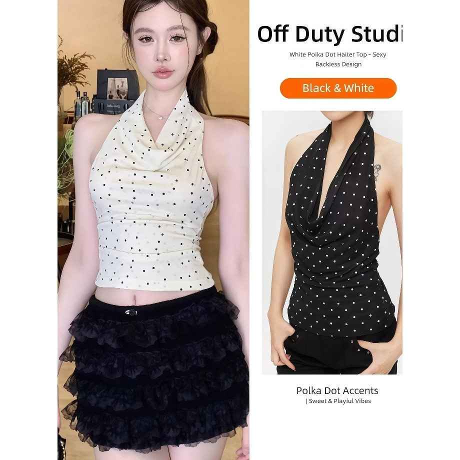 OFF SHOP 🥻ใหม่ 2025 เสื้อกล้าม ดีเทลลายจุด เว้าหลังสีครีม เสื้อครอป สง่างามและสูงส่ง' FY2862