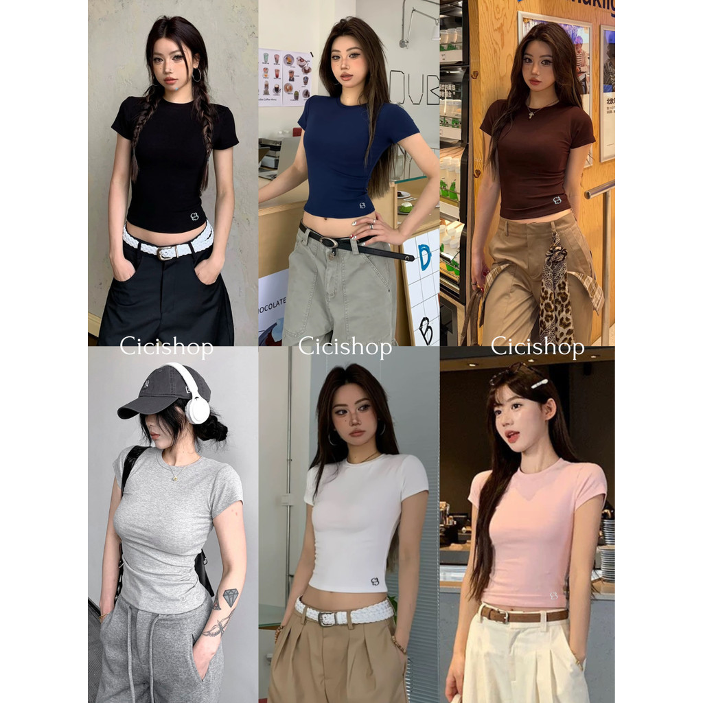Cicishop(33192) เสื้อยืดคอกลมแขนสั้นสีพื้น ปักโลโก้ Cici  ใส่แล้วพรางหุ่นเห็นรูปทรงสวย เข้าได้ทุกลุค  สไตล์ชาวซีซี