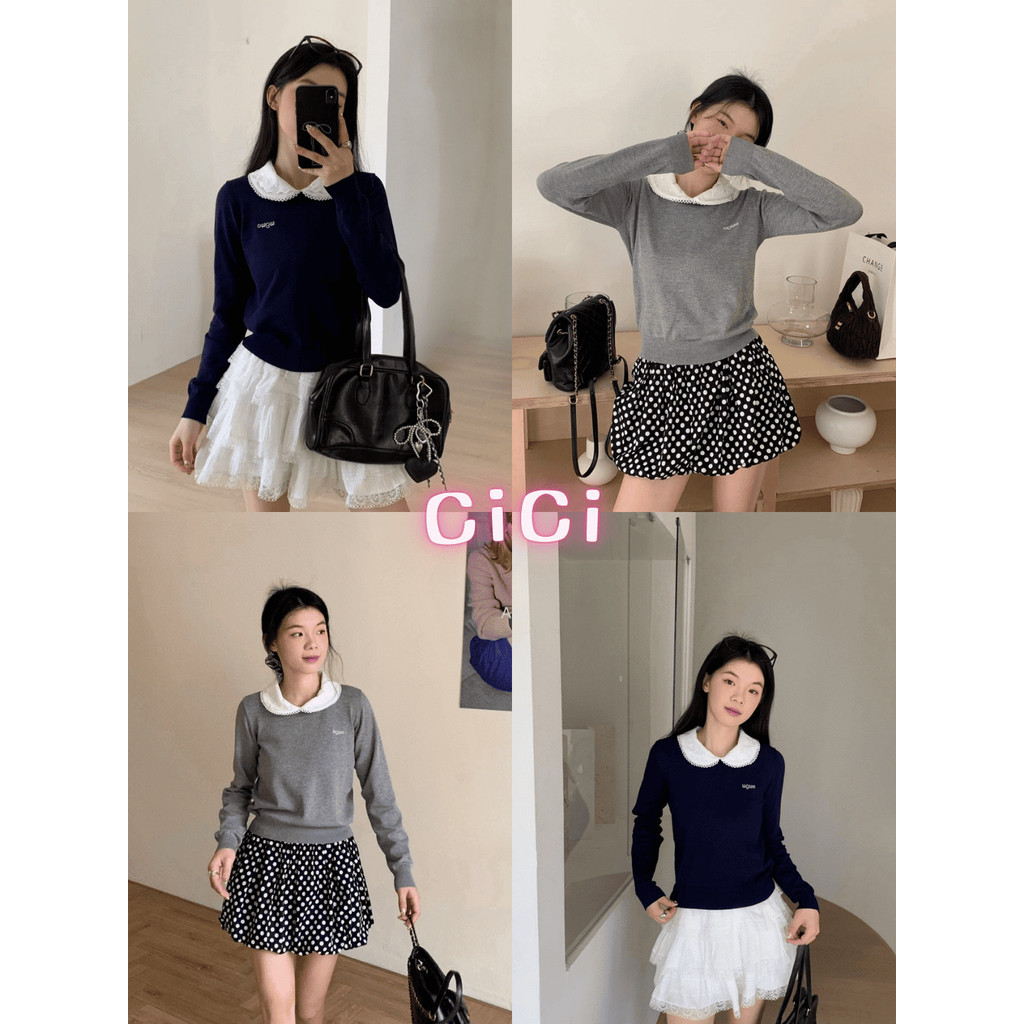 ส่งทันที Cici(NO. A2955) เสื้อไหมพรมแขนยาว คอบัวแต่งระบาย มีกระดุมมุกคอหลัง สไตล์คนชิคๆสาวอเมริกัน