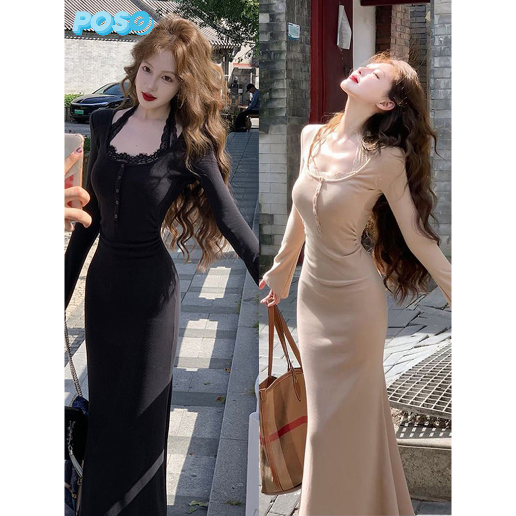 เดรสยาว สไตล์หรูหรา เดรสลูกไม้ คอเหลี่ยม สไตล์คลาสสิค