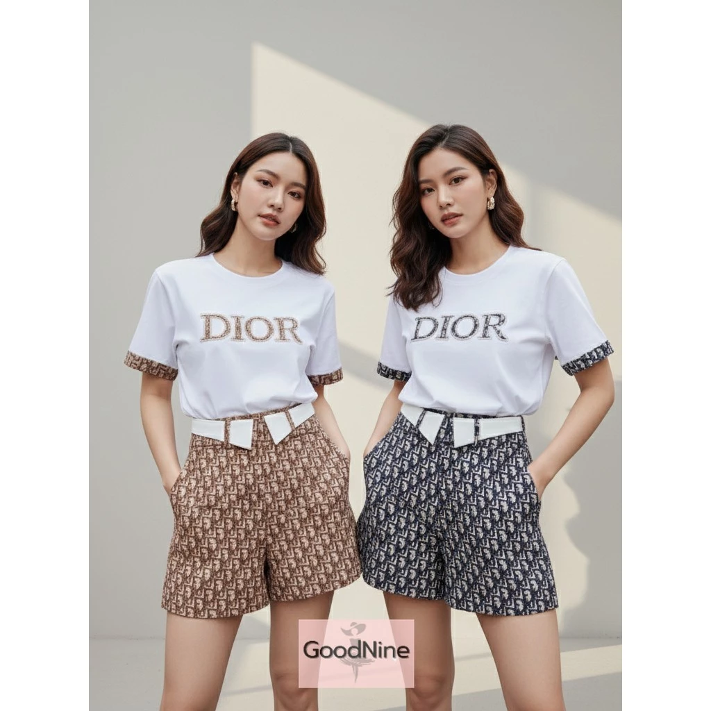 GN พร้อมส่ง ชุดเซ็ตเสื้อแขนสั้นผ้ายืดปักโลโก้คู่กับกางเกงขาสั้นแต่งขอบเอวงานสวยดูดีใส่สบายๆใส่เที่ยวเอาอยู่มีขนาด 2 ไซส์