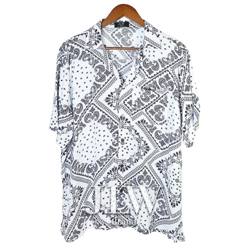 เสื้อฮาวาย ลายผ้าเช็ดหน้า ขาว ผ้านิ่ม M L XL Oversize คอฮาวาย JLW BRAND