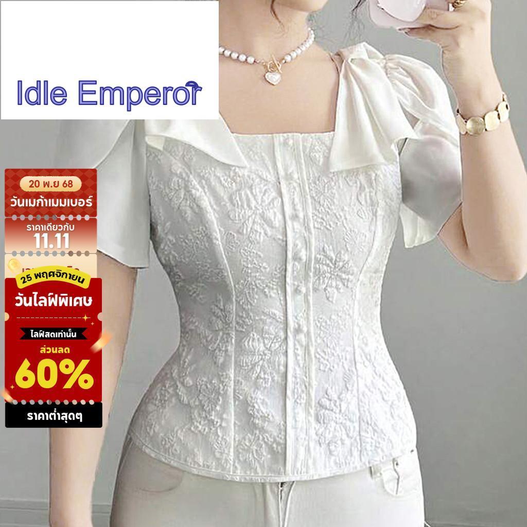 Lovito เสื้อเบลาส์หรูหรา เย็บผ้าผูกโบว์ สปริง/ซัมเมอร์ สีขาวออฟไวท์ สำหรับผู้หญิง L146ED015