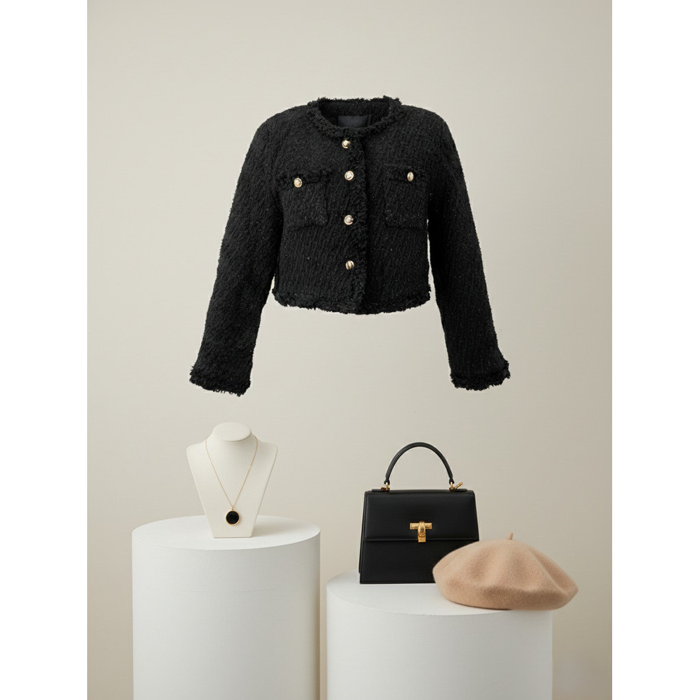 เสื้อคลุมทวิตทรงครอปแขนยาว สีดำ ใส่ได้หลายโอกาส