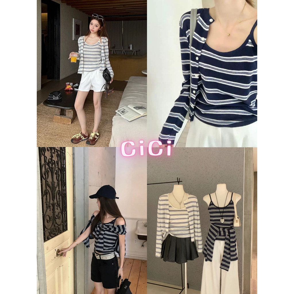 ส่งทันทีCici(NO. A3042-1) Set 2 ชิ้น เสื้อสายเดี่ยว+เสื้อคลุมคาร์ดิแกนแขนยาวลายทางกระดุมแกะได้ใส่สบายเรียบหรูสไตล์เกาหลี
