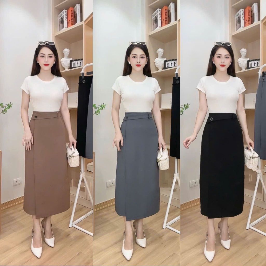 Susuclothing กระโปรงทรงเอทรงตรงพร้อมฝาปิดและกระดุมคอนซีลเลอร์ ยาว 80 ซม. CV05