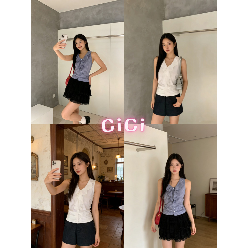 ส่งทันที Cici(No. H88162) เสื้อแขนกุดคอวีแต่งระบายช่วงอก มีกระดุมหน้า ดีเทลเชือกผูกด้านหลัง สไตล์สาวเกาหลี