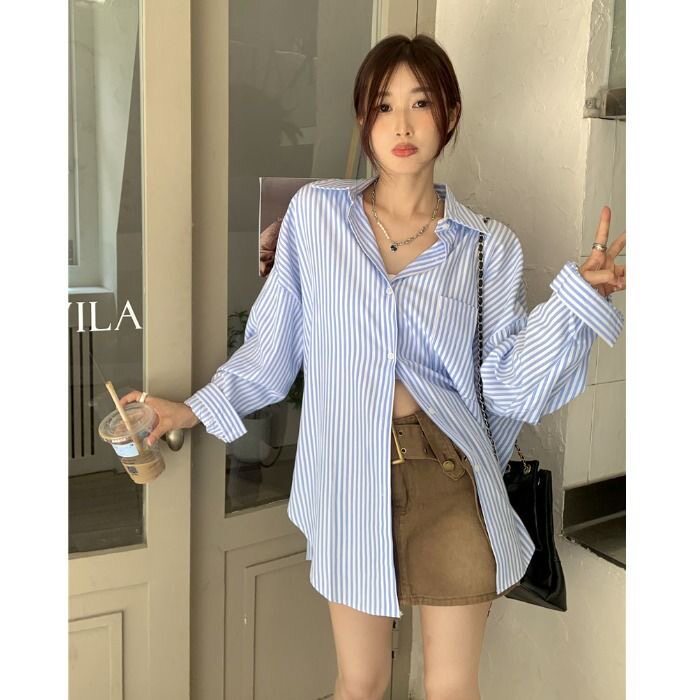 เสื้อเชิ้ตริ้วแขนยาวสำหรับสตรี ทรงหลวมสบายๆ กันแดด มีเสน่ห์ เป็นเสื้อคลุม มีสีฟ้า ชมพู เขียว 3 สี