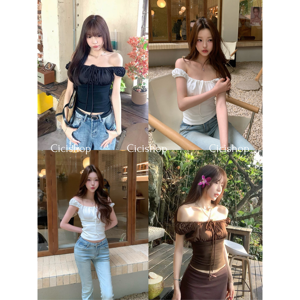 Cicishop(H88177) เสื้อเปิดไหล่แขนตุ๊กตา แต่งเชือกผูกอก งานผ้าดี สไตล์สาวเกาหลี