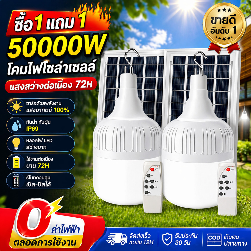 🔥ซื้อ 1 แถม 1🔥ไฟโซล่าเซลล์ Solar Light รับประกัน10ปี 50000W 0 บิลค่าไฟฟ้า เดินทางสะดวก พกพาสะดวก หลอดไฟ พกพา