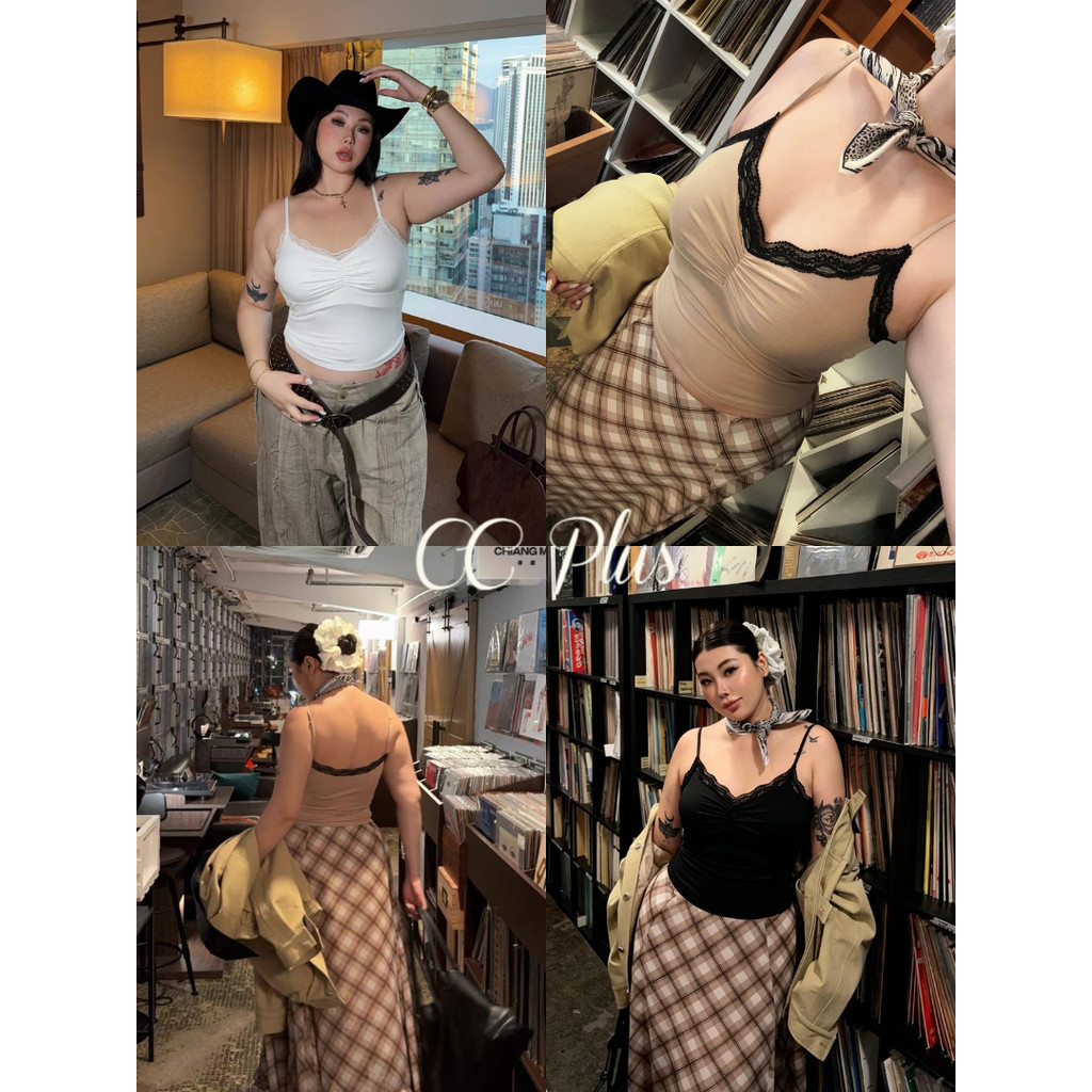 CiCi Plus+(H88179) เสื้อสายเดี่ยวแต่งลูกไม้ สายปรับได้ ดีเทลจั๊มหน้าอก สไตล์สาวพลัสไซส์