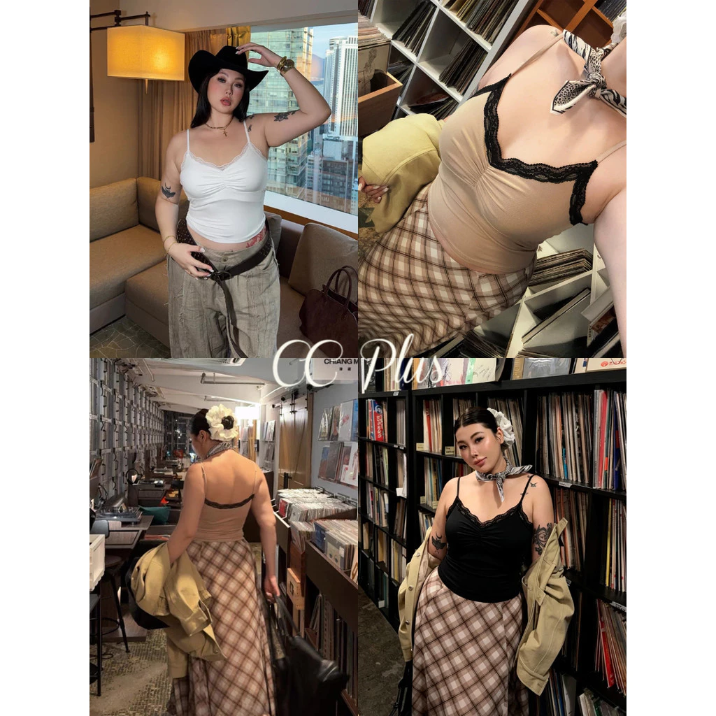 CiCi Plus+(H88179) เสื้อสายเดี่ยวแต่งลูกไม้ สายปรับได้ ดีเทลจั๊มหน้าอก สไตล์สาวพลัสไซส์