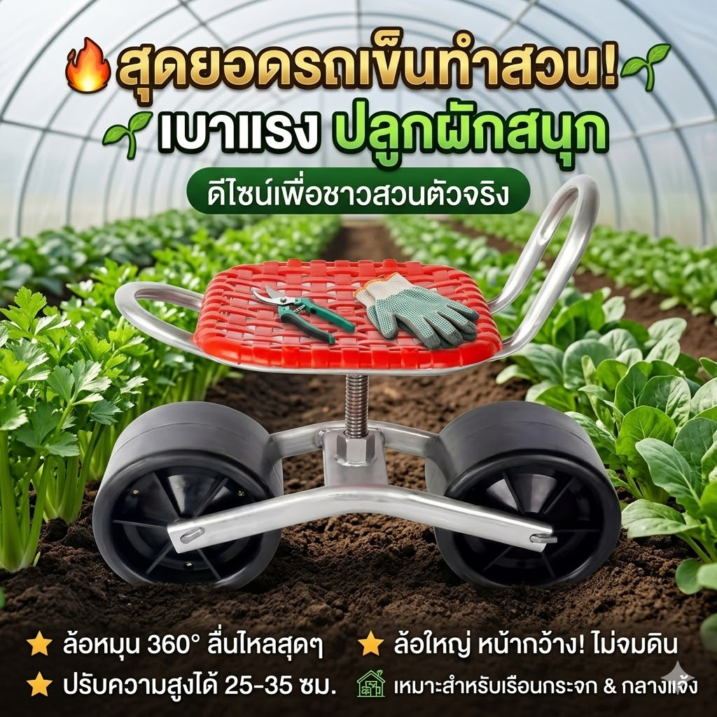 รถเข็นทำสวน ล้อหมุน 360° ปรับระดับได้ ล้อใหญ่ไม่จมดิน เหมาะสำหรับทำสวน ปลูกผัก และเรือนกระจก