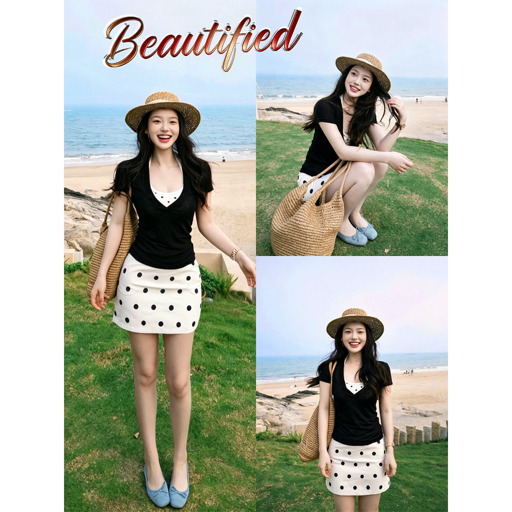 Beautifed  กระโปรงสั้นลายจุดเอวสูง มีซับใน กระโปรงมิดิสีขาวสีดำลายจุดกลมทรงเอคลุมสะโพกดูผอม 2043