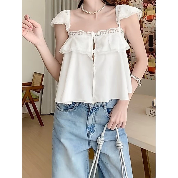 OFF SHOP 🥻ใหม่ 2026 ในสไตล์หวานแสบ สไตล์เกาหลี เสื้อกั๊กลำลอง สวมใส่สบาย เสื้อสายเดี่ยวสีขาว FY2946