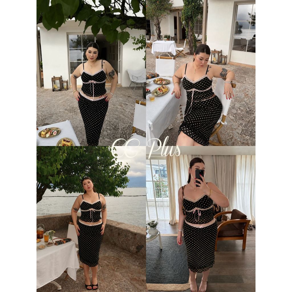 CiCi Plus+(J2760)ชุดSet 2 ชิ้น ลายPokadotเสื้อสายเดี่ยวปรับสายได้แต่งลูกไม้ กระโปรงแต่งขอบลูกไม้มีซับใน สไตล์สาวพลัสไซส์