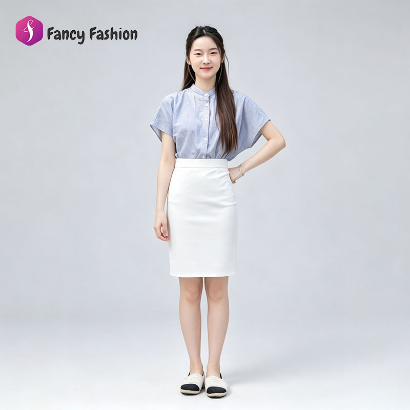 Fancy Fashion กระโปรงพลีทเข่าเอวสูง สีขาว สีดำ ผ้าเรียบเนียน สไตล์ทำงานคุมทรง