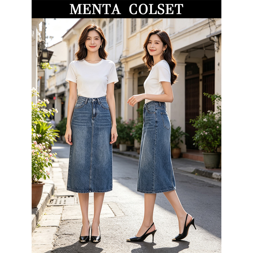 MentaCloset กระโปรงยีนส์ซ่อนสะโพก เอวสูง กระโปรงกลางตัว ทรงตรง เหมาะสาวไซส์ใหญ่ ผอมเพรียว M-XL V100