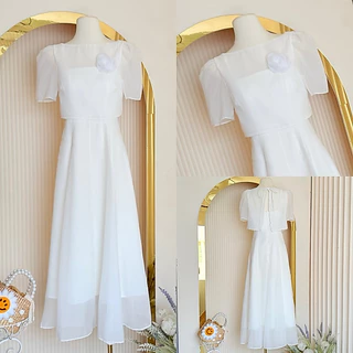 [NITTAYA] D2692 ชุดเดรสกระโปรงยาวสายเดี่ยว+เสื้อคลุมคอกลมแขนสั้นซีทรู แต่งเข็มกลัดดอกไม้