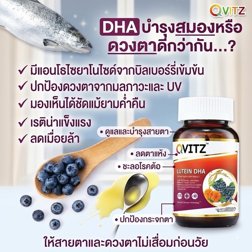 Qvitz (Lutein DHA)อาหารเสริมบำรุงสายตาสูตรใหม่ ครบจบ ลดความเสี่ยงและบรรเทาอาการตาแห้งระคายเคือง ตาต้