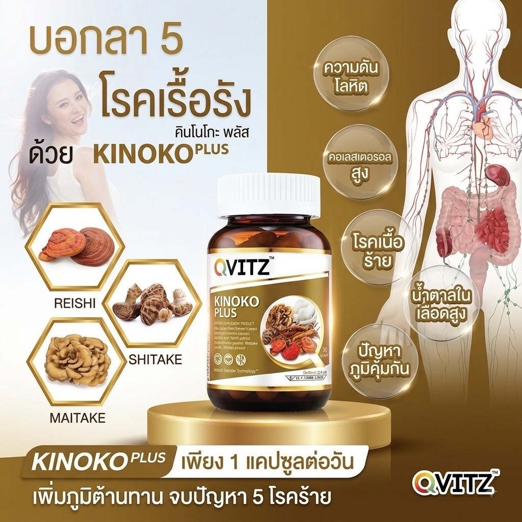 Qvitz Kinoko Plus คิโนโกะ อาหารเสริม (30 แคปซูล)Shiitake(ชิตาเกะ) หรือเห็ดหอม ช่วยเสริมสร้างระบบภูมิ