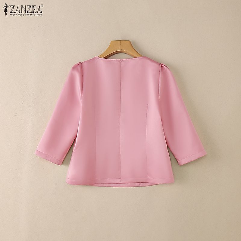 ZANZEA ซานเซีย สวมใส่ง่ายสไตล์เกาหลีสำหรับผู้หญิง คอเหลี่ยมแขนยาว 3/4 มีซิปด้านข้าง ทำจากผ้าซาติน — صورة 8