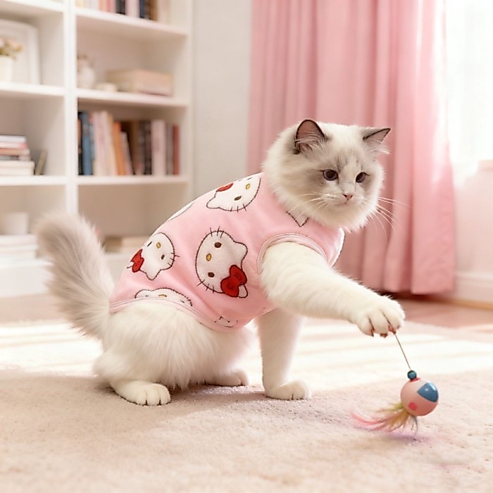 [คลังสินค้าพร้อม] ฤดูใบไม้ร่วงฤดูหนาวรูปแบบใหม่ขนแกะ-ขนแกะที่อบอุ่นป้องกันผ้าสําลีเคทีแมวพิมพ์เสื้อผ้าสัตว์เลี้ยงน่าร