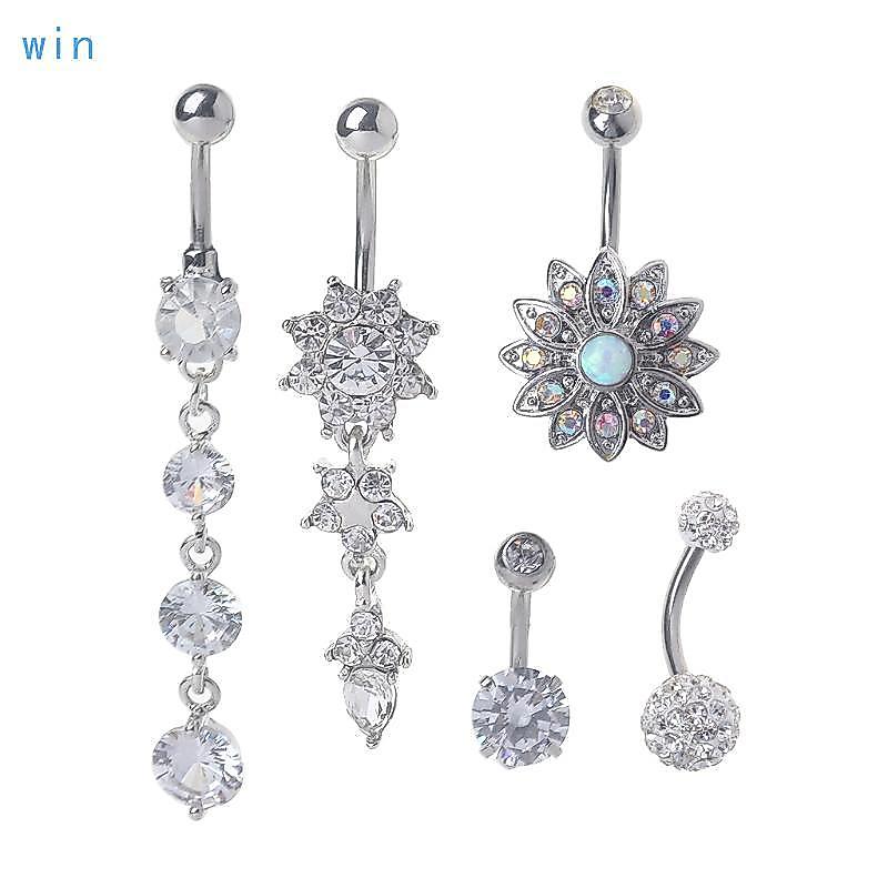 Win Dangle Belly Button Ring 5x Navel Barbells CZ Stone Body Piercing S