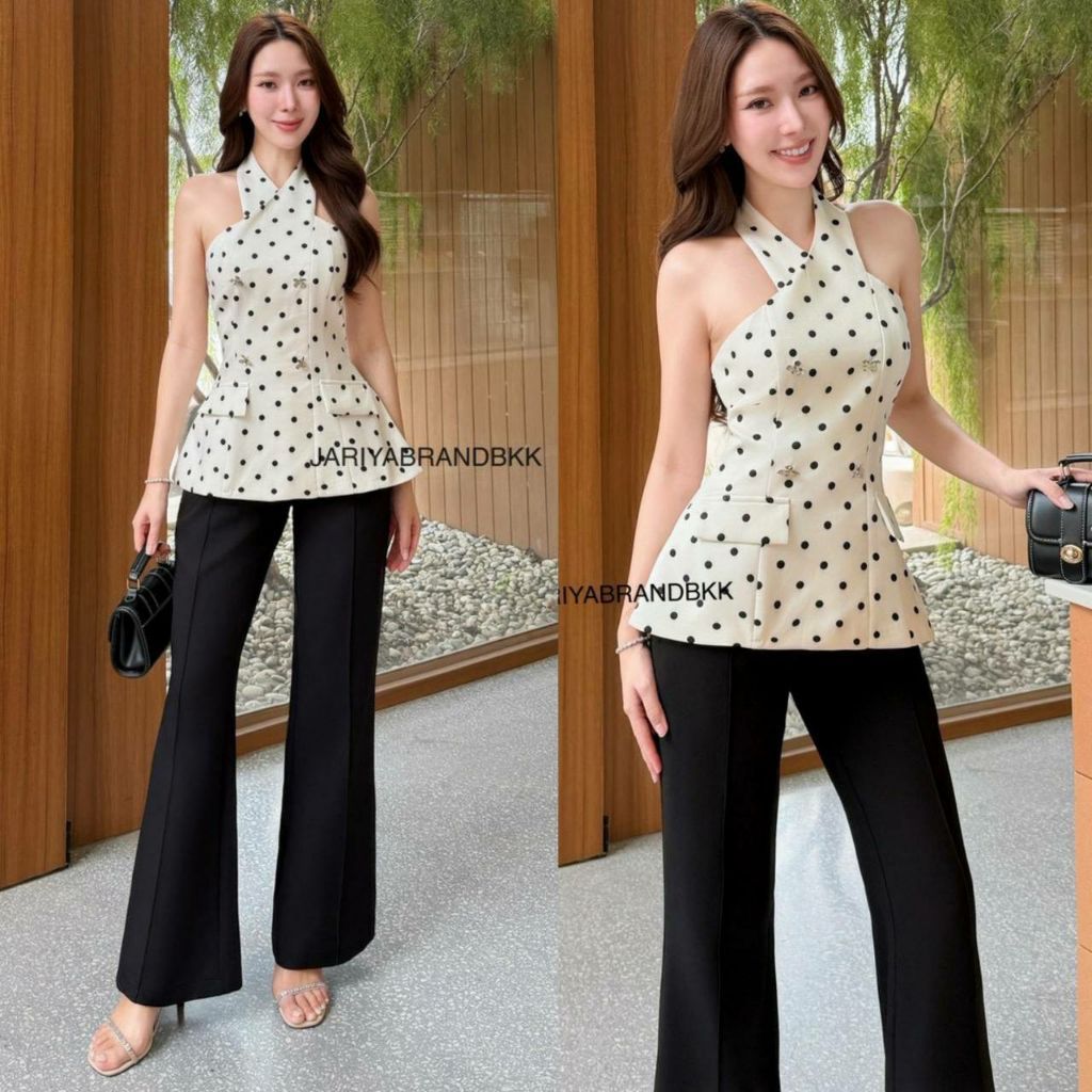 (S-XL) Jariya 📣พร้อมส่งชุดเซ็ท2ชิ้นเสื้อคล้องคอลายจุดดำ+มาพร้อมกางเกงขายาว  ใส่สบายทรงสวยดูดึ