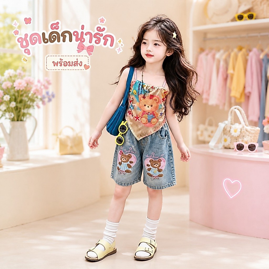 BB374 ชุดเด็กผู้หญิงแฟชั่น เสื้อสายเดี่ยวลายหมี + กางเกงยีนส์ขาสั้น เซ็ต 2 ชิ้น