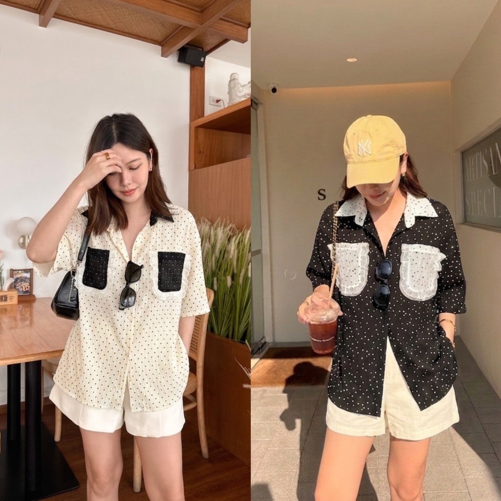 𝗡𝗘𝗪 DOTTIE SHIRT เสื้อเชิ้ตแขนสั้นลายจุด ใส่เที่ยว ใส่ทำงาน ไม่ต้องรีด โอเวอร์ไซส์ใส่คลุมได้
