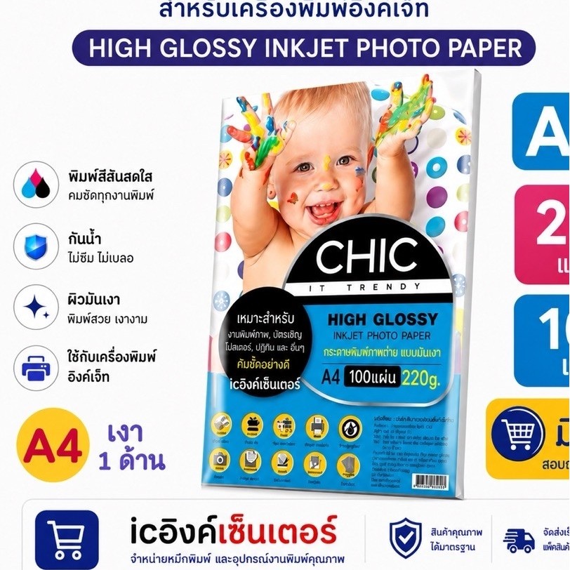 CHIC 220แกรม กระดาษโฟโต้a4 100แผ่น HIGH GLOSSY ผิวมันเงากันน้ำ ยี่ห้อ CHIC GLOSSY PHOTO PAPER