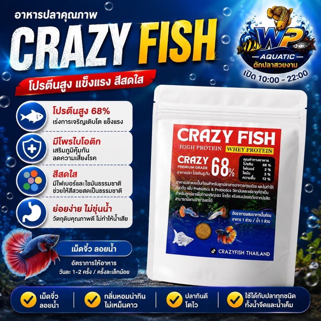 CRAZY FISH อาหารปลาสวยงาม โปรตีนสูง 68% สูตรเวย์โปรตีน เม็ดจิ๋วลอยน้ำ เร่งโต เสริมสี มีโปรไบโอติก