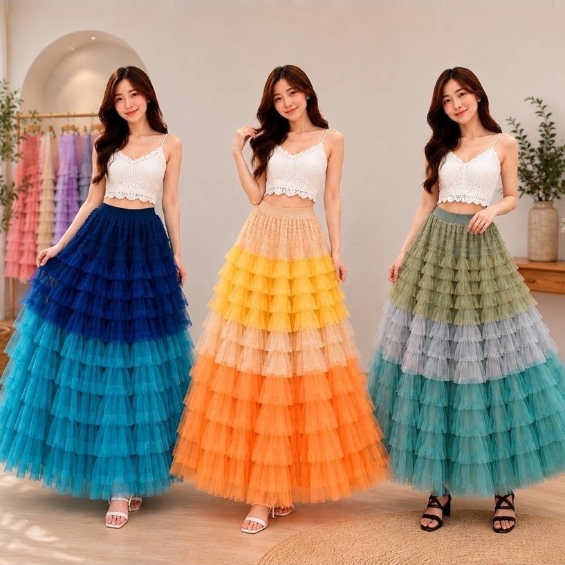 กระโปรงมุ่งชั้นๆไล่สี กระโปรงมุ้งไล่สี