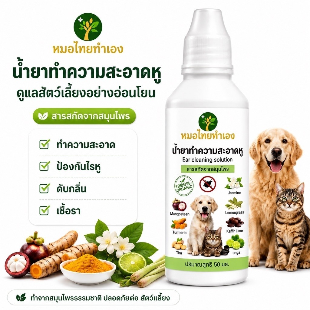 น้ำยาเช็ดทำความสะอาดหู น้ำยาเช็ดหูสัตว์เลี้ยง ขจัดไรในหู ดับกลิ่น ลดการอักเสบ หยอดหูแมว สุนัข 50 ml. สมุนไพร หมอไทยทำเอง
