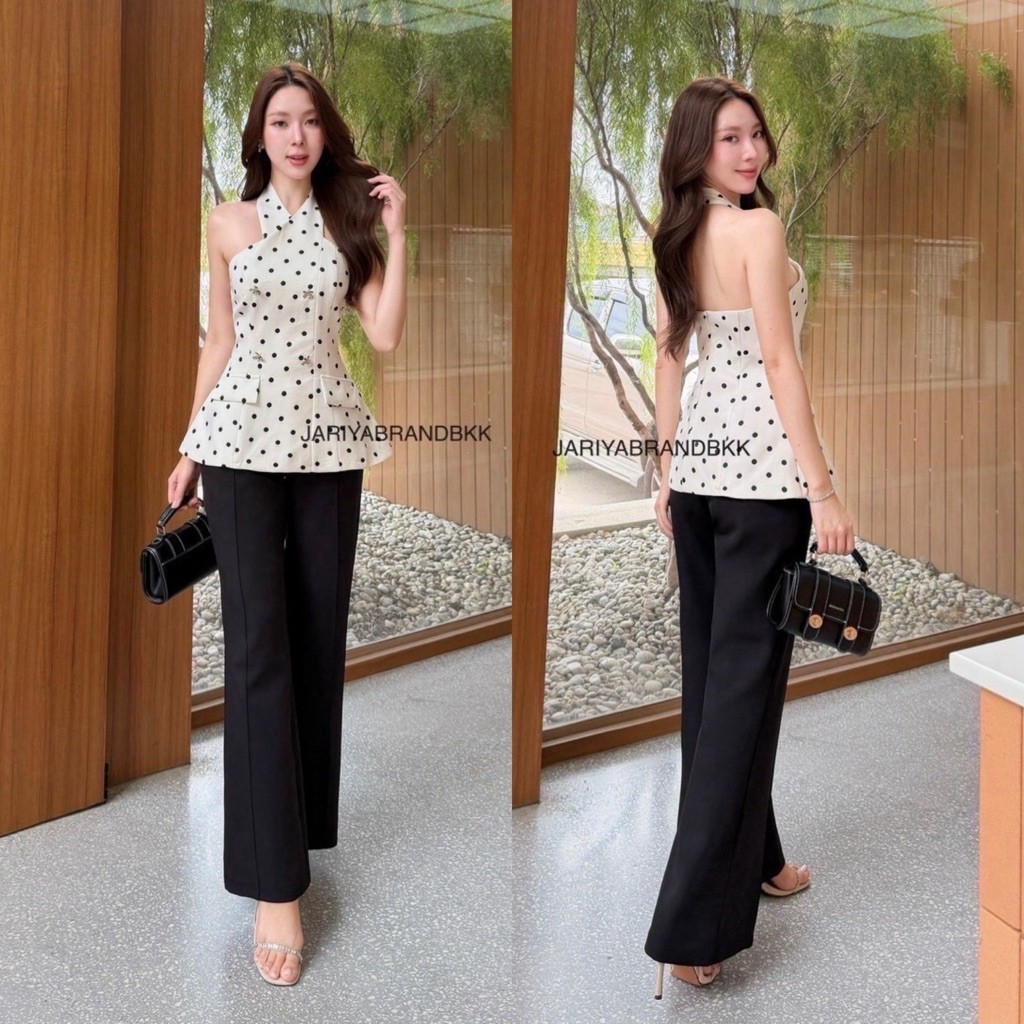 JARIYA🎀 ชุดset 2ชิ้นเสื้อ คล้องคอหลายจุดสีดำ มาพร้อมกางเกงขายาว