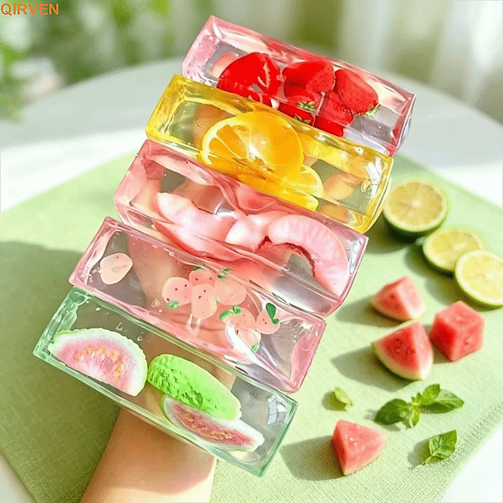 QIRVEN Fruit Ice Cube Squishy Toy, Slow Rising Transparent Fruit Squishy Toy, Fidget Toy Slow Reboun