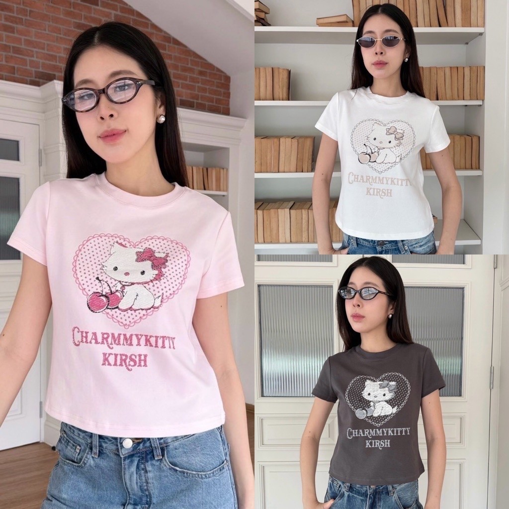 คิตตี้baby tee เสื้อยืดคอกลมแขนสั้นทรงเบบี้ที ลายใหม่น่ารักมาก