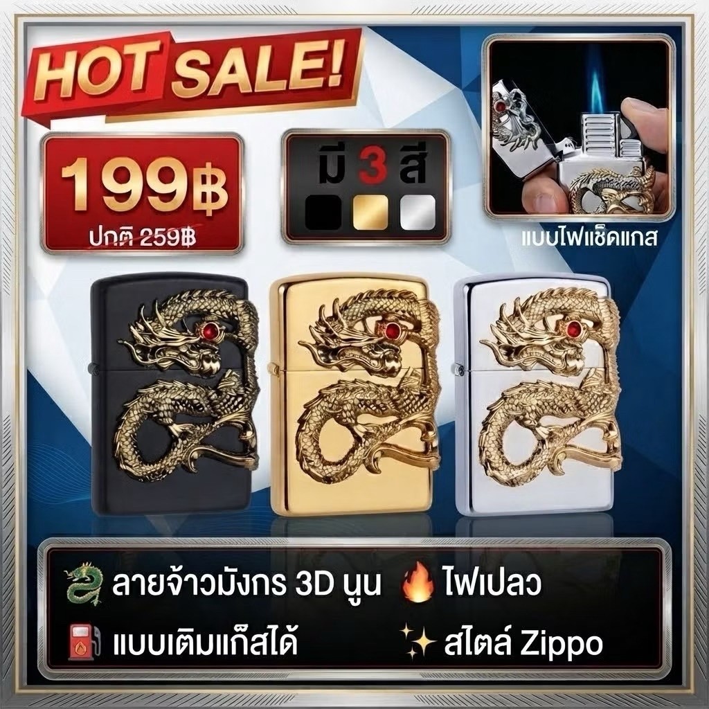 ไฟแช็ก จ้าวมังกร 3D นูน สไตล์ Zippo (มี 3 สี) ไฟเปลว แบบเติมแก๊สได้ ดีไซน์หรูหรา พรีเมียมสุดๆ