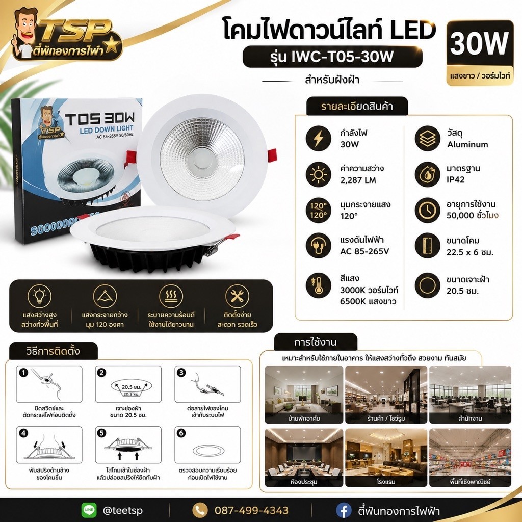 โคมไฟดาวน์ไลท์ LED 30W รุ่น TSP-T05-30W แบบฝังฝ้า แสงขาว / วอร์มไวท์