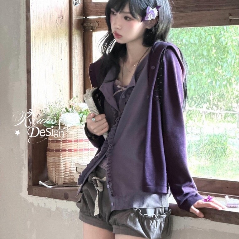 【Kyouko】ชุดเซ็ต 3 ชิ้น "Sage Bell" เสื้อฮู้ดถักลูกไม้หลอก + เสื้อซับใน + กางเกงบอลลูน